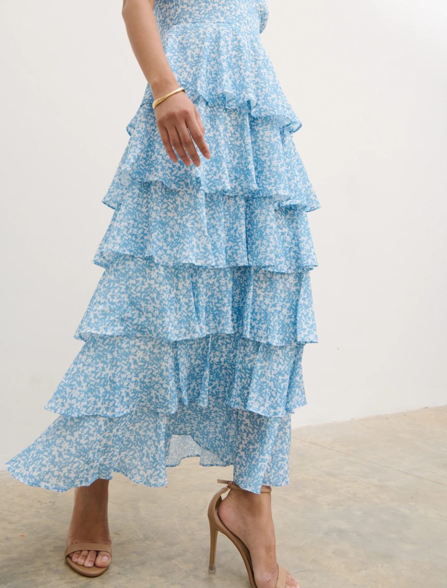 Pretty Lavish Tiered Ruffle Maxi Dress in Blue Ditsy Floral