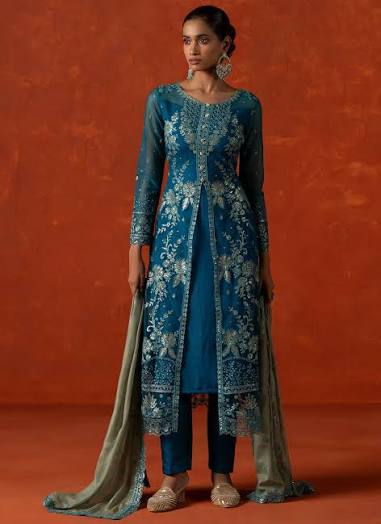 Teal Embroidered Crepe Silk - Shalwar Kameez