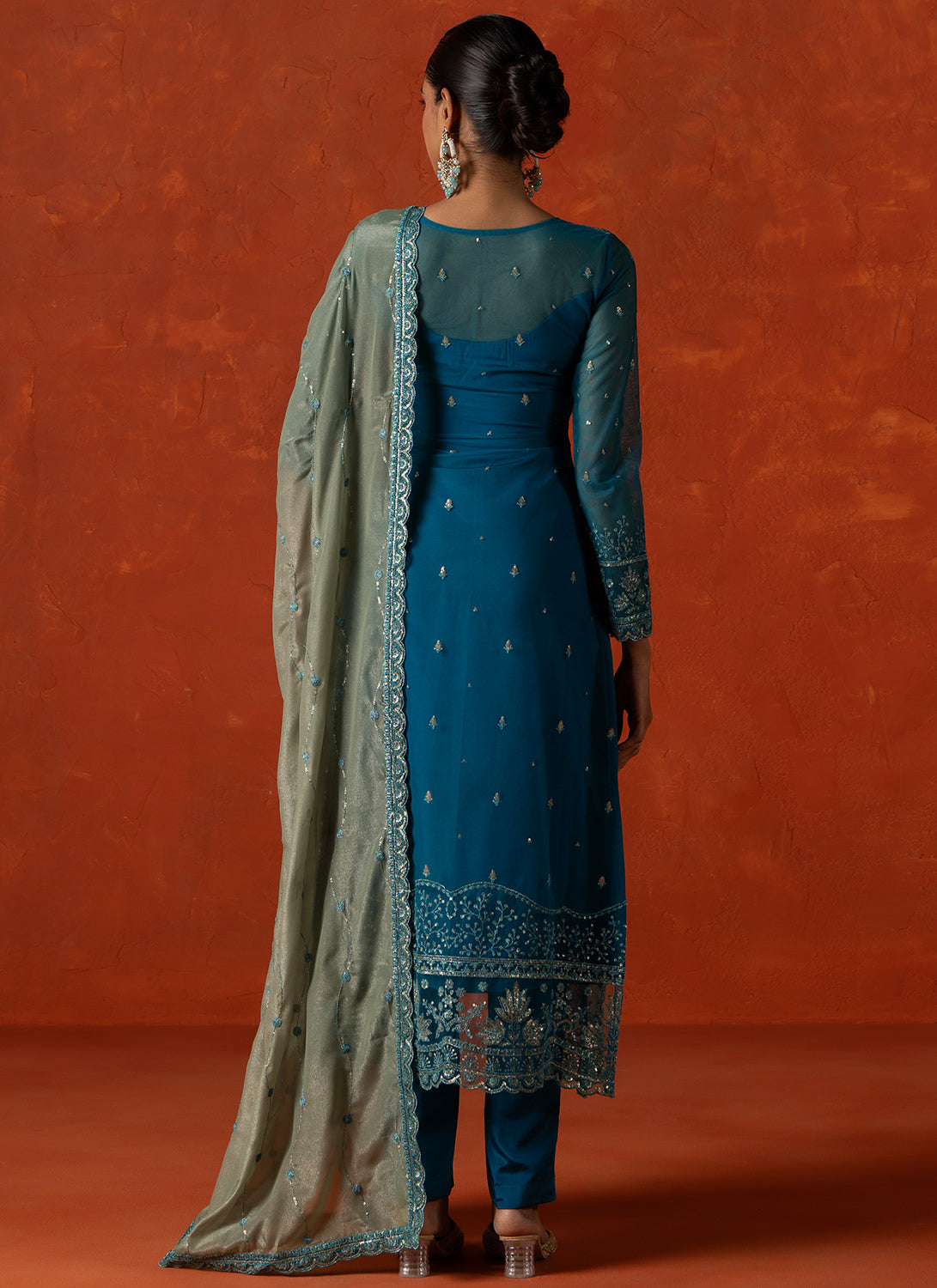Teal Embroidered Crepe Silk - Shalwar Kameez
