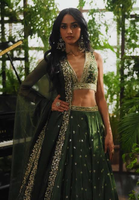 Dark Green Embroidered Crepe Silk Lehenga