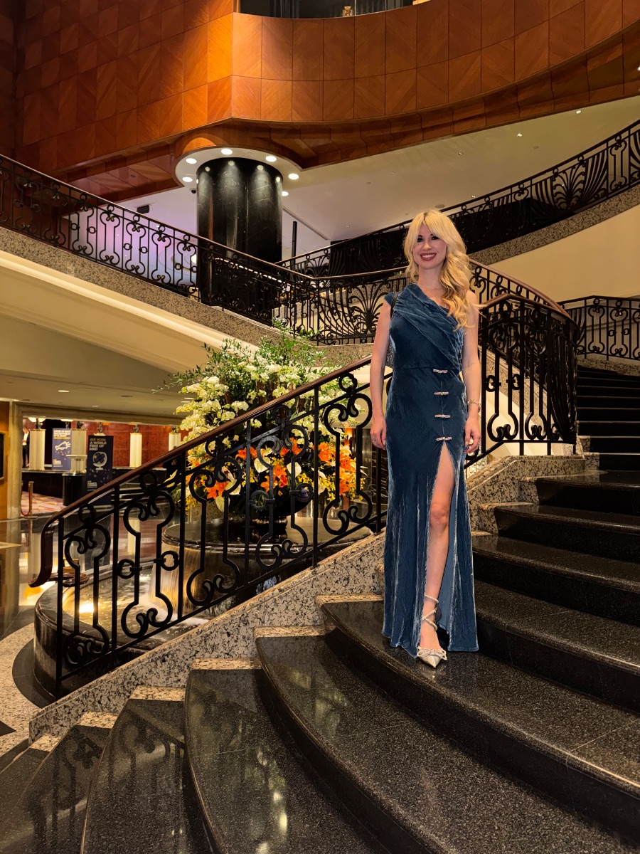 Sau Lee Off the shoulder Blue Velvet Gown