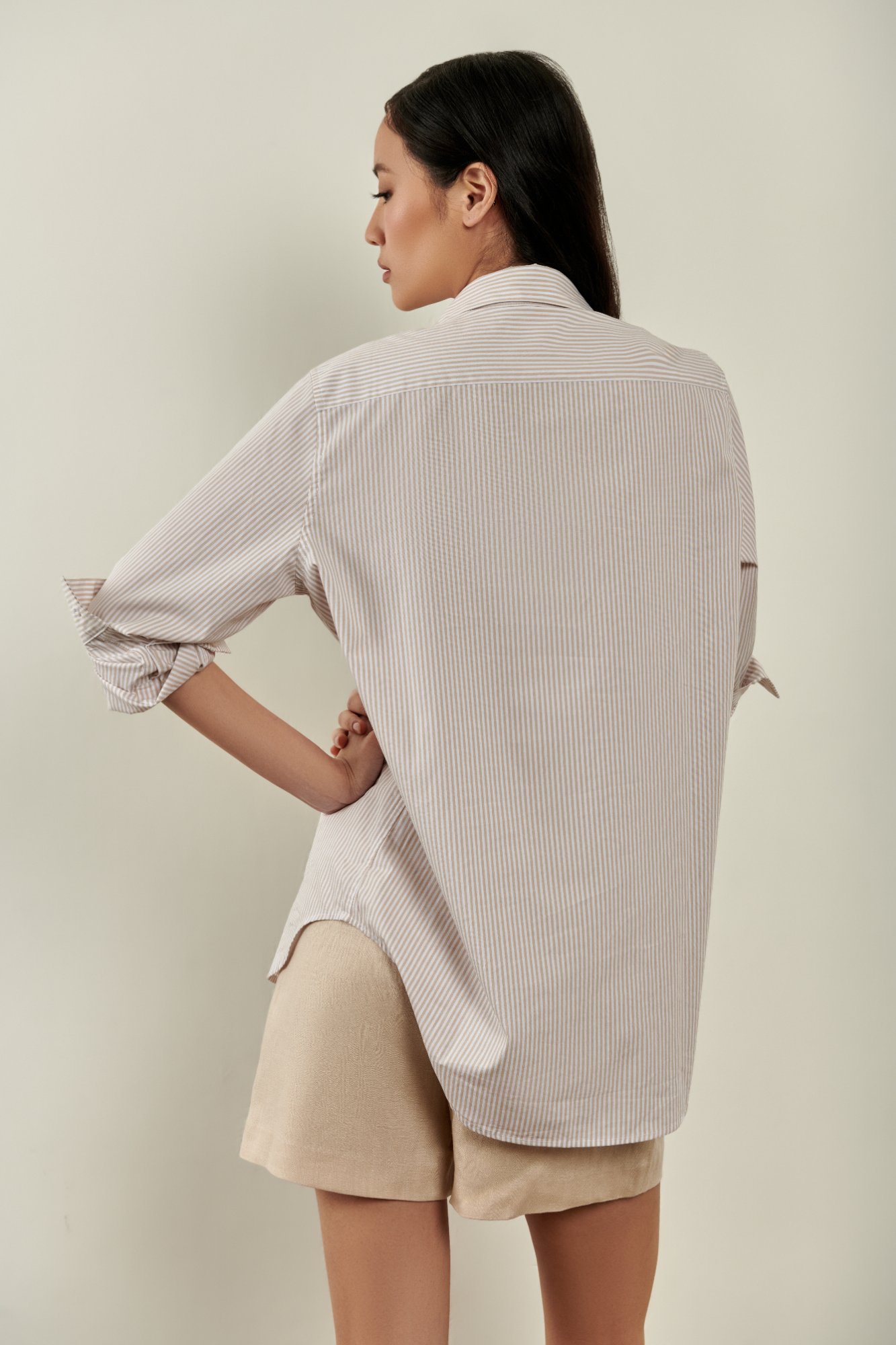 Millie Button Down Shirt - Beige White Stripe White
