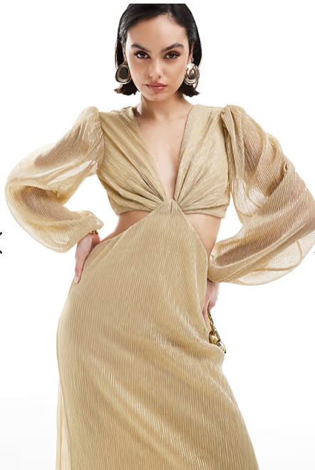 Pretty Lavish balloon sleeve plisse maxi dress in gold