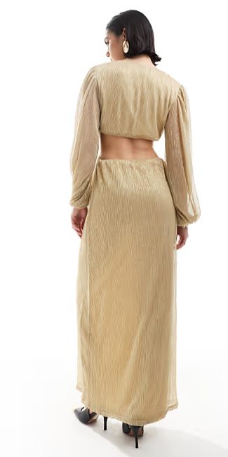 Pretty Lavish balloon sleeve plisse maxi dress in gold