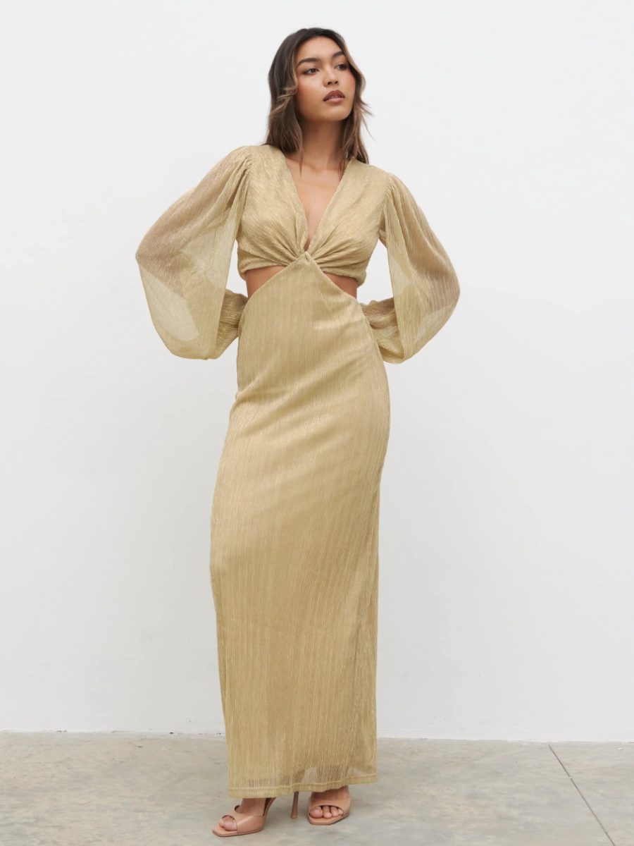 Pretty Lavish balloon sleeve plisse maxi dress in gold