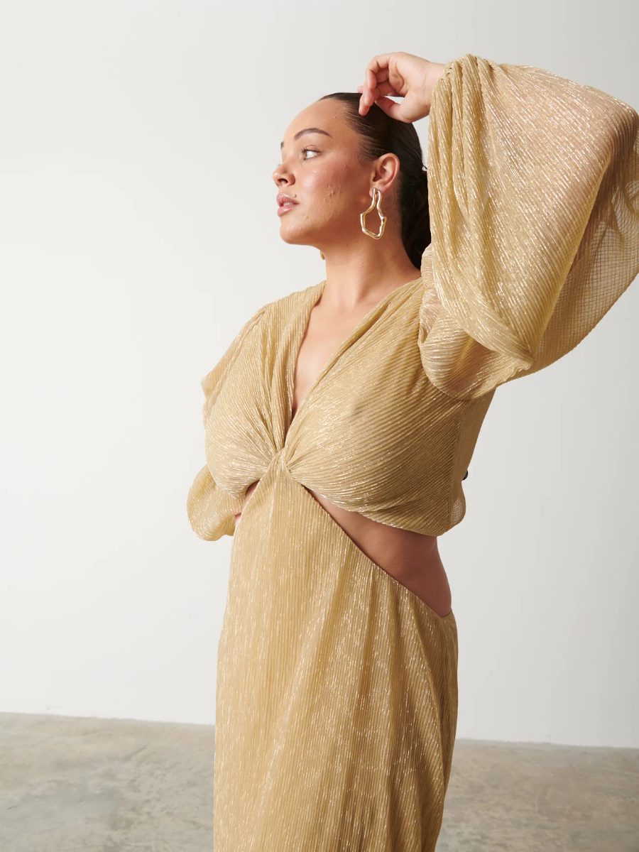 Pretty Lavish balloon sleeve plisse maxi dress in gold