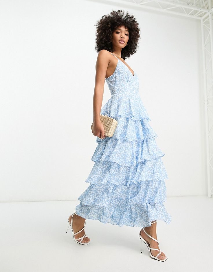 Pretty Lavish Tiered Ruffle Maxi Dress in Blue Ditsy Floral