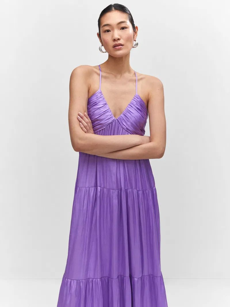 Mango Ruched Maxi Tiered Satin Dress